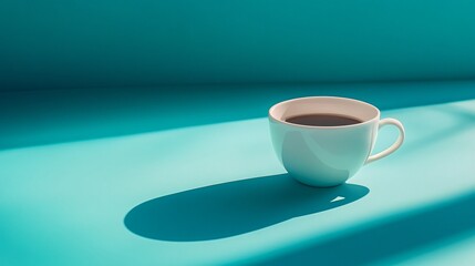 A single cup of coffee sits on a light blue surface, casting a shadow.