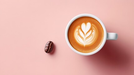 Wall Mural - Modern Coffee Shop Vibes - White Latte Cup with Digital Illustrations and Coffee Bean on Pastel Table