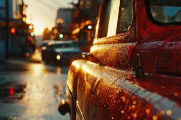 Poster - A red truck driving down a wet street with rainwater splashing around