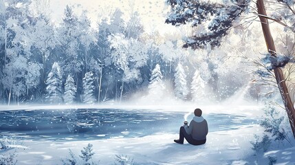 Poster -   A person sitting in snow, gazing at lake with surrounding trees