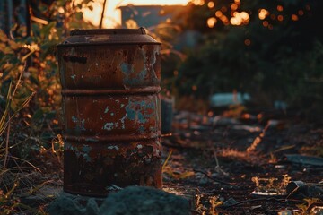 Poster - Old barrel surrounded by green grass and wildflowers, ideal for rural or countryside themed projects