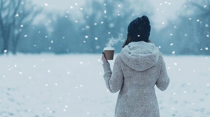 Poster -   A woman stands in snow, holding a cup of coffee, gazing at snowfall on the ground