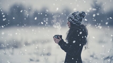 Canvas Print -   A woman stands in a snowy field, sipping coffee as snowfall gently covers her head