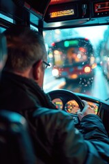 Canvas Print - A person behind the wheel of a bus navigating through a rainy day