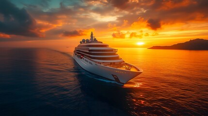 huge luxury cruise ship sailing at sunset on calm waters near the coastline