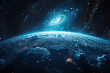 Wall Mural - spacescape of swirling galaxiy near planet earth