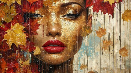 Sticker -   Autumn leaves cover woman's face in painting