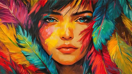 Wall Mural -   A woman with colorful feathers on her head and a blue-eyed girl's face in a painting