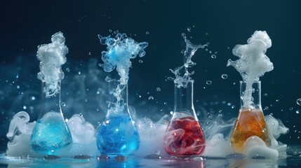 Poster - A glass beaker containing various colored liquids undergoing chemical reactions