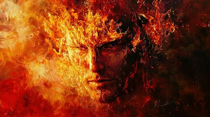 Sticker -   A painting depicts a man's face in the midst of red, yellow, and orange flames, with his eyes shut