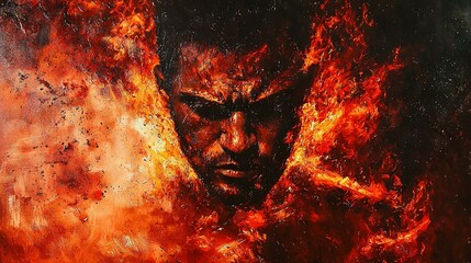 Poster -   A sharp image of a man holding a sword amidst a fiery backdrop