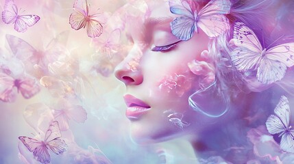 Canvas Print -   A woman's face surrounded by butterflies in a purple and blue background, with a woman's face at the center of the image