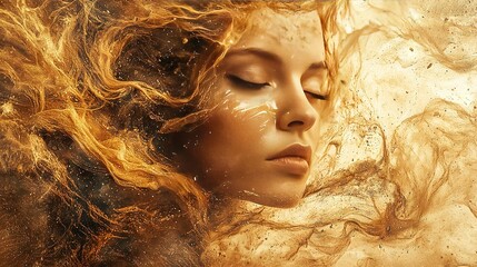 Wall Mural -  A woman's face in profile, with closed eyes and flowing hair blowing in wind and water