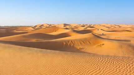 Poster -   A group of people atop a sandy hill amidst a sea of sand dunes in the desert