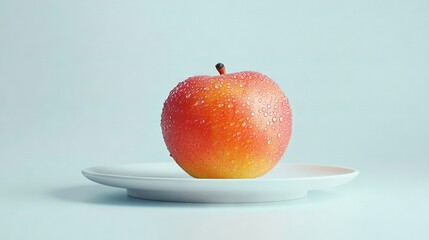 Poster -   Red Apple on Plate Blue Background Water Droplets