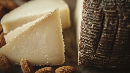 Canvas Print -   A slice of cheese with a bite missing, nestled next to whole almonds