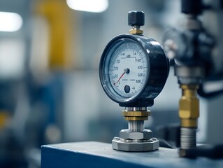 Closeup of a digital gauge measuring product pressure in a factory, pressure testing, mechanical quality control