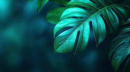 Wall Mural -   A sharp close-up of a vibrant green leaf on a deep blue backdrop, with a soft focus on the surrounding foliage