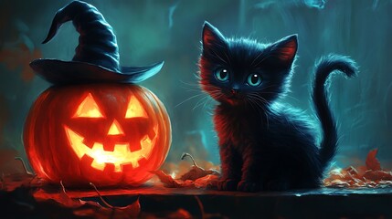 A cute black kitten wearing a witch's hat sits beside a glowing jack-o-lantern.