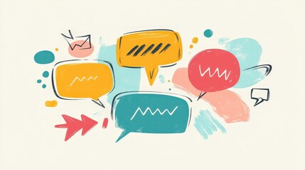 Poster - Whimsical Hand-Drawn Arrows and Speech Bubbles in Minimalist 2D Vector Illustration on Pastel Background