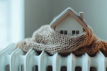 Wall Mural - A small model house wrapped in a warm scarf sits atop a white radiator to illustrate home insulation during cold weather