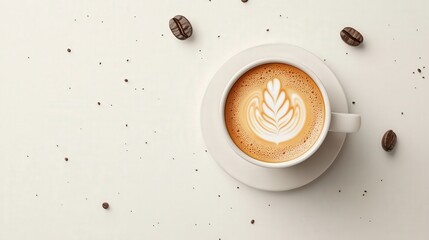 Wall Mural - Minimalistic Coffee Shop Scene with Latte Cup and Coffee Bean Vector Illustration on Pastel Background