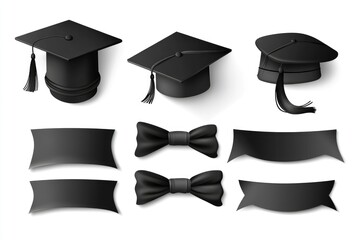 Graduate college, high school or university cap set isolated on white background. Black 3d degree ceremony hat with paper banner. geneative ai