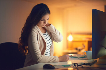 Poster - business woman, neck pain and massaging in working late, fatigue and overworked in office. female pe