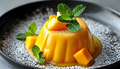 Wall Mural - Refreshing Mango Pudding with Mint Garnish for a Perfect Summer Treat