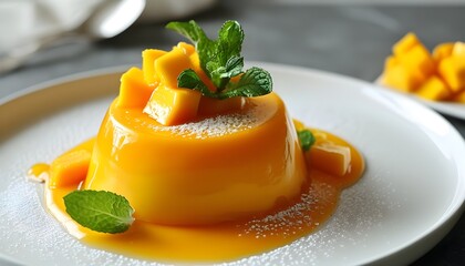 Wall Mural - Refreshing Mango Pudding with Mint Garnish for a Perfect Summer Treat