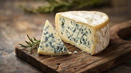 Wall Mural -   A slice of cheese rests atop a wooden board next to a piece of cheese on a cutting board