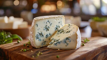 Wall Mural -   A piece of cheese rests on a wooden cutting board alongside another piece on a table