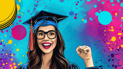 pop art happy and excited portrait of young student girl in hat of graduation isolated on color back