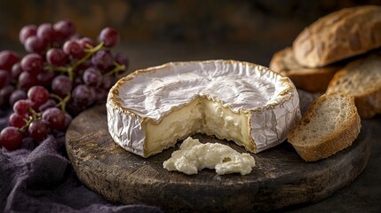 Canvas Print -   Cheese on cutting board with bread and grapes