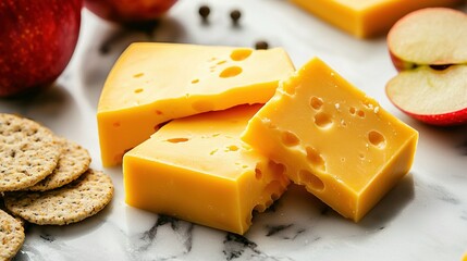 Wall Mural -  Cheese and crackers on marble, apple in foreground