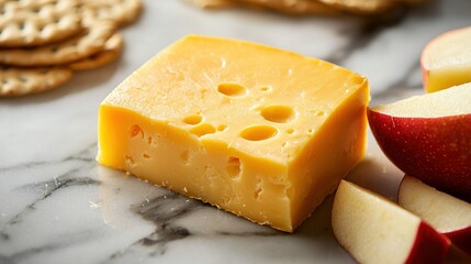 Canvas Print -   A slice of cheese perched atop a table beside crackers and an apple positioned adjacent to a cracker