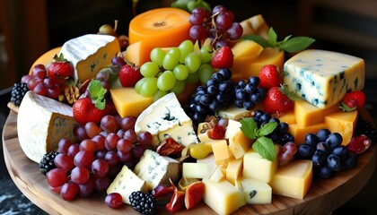 Exquisite Cheese and Fruit Platter Featuring an Array of Delicious Treats Perfect for Appetizers or Snack Time