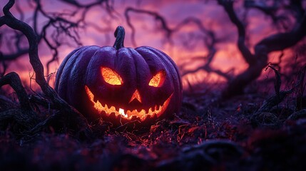 Poster -   A jack-o'-lantern pumpkin lit up with glowing eyes in a field of grass against trees in the background