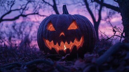 Canvas Print -   In the heart of a darkened forest, a meticulously hewn Jack-o'-Lantern rests amidst the gloom Behind him, the vast expanse of