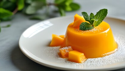 Wall Mural - Refreshing Mango Pudding with Mint Garnish for a Perfect Summer Treat