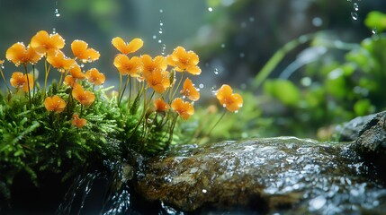 Canvas Print - Yellow Flowers Blooming by a Stream in the Forest