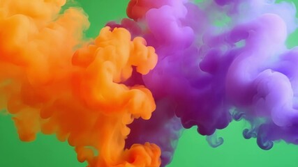 Poster - orange and purple ink mixing together to create abstract shapes and textures on a green screen backg