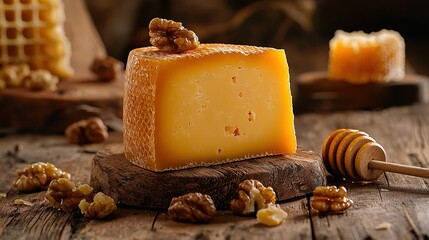 Poster -   A slice of cheese rests atop a wooden platter alongside a beehive-shaped comb and a wooden serving utensil