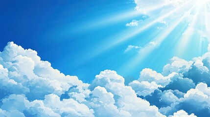 Canvas Print -   A blue sky with white clouds and the sun shining brightly in the center, casting brilliant rays from the clouds