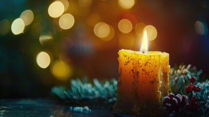 Wall Mural - A single lit candle sits on top of a wooden table, providing warm light