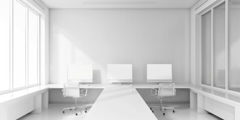 Poster - A minimalist setting with a long table and chairs in a white room, suitable for business or educational purposes