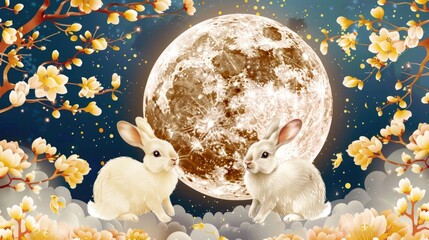 Poster - A couple of rabbits standing in front of a full moon