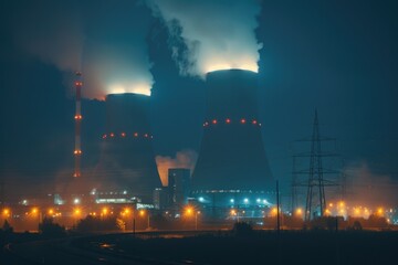 Wall Mural - A factory emitting smoke into the air on a dark and quiet night