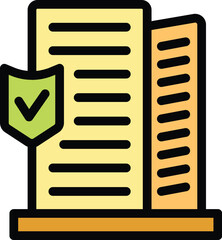 Poster - Simple colorful icon of a modern office building facade with a green shield and a check mark on it