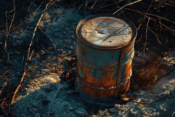 Poster - A old rusty barrel sitting in the dirt, great for backgrounds or still life compositions